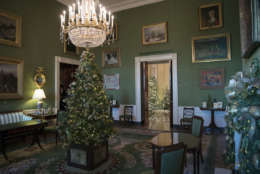 The Green Room with the 2017 holiday decorations is seen during a media preview tour of the White House in Washington, Monday, Nov. 27, 2017. (AP Photo/Carolyn Kaster)