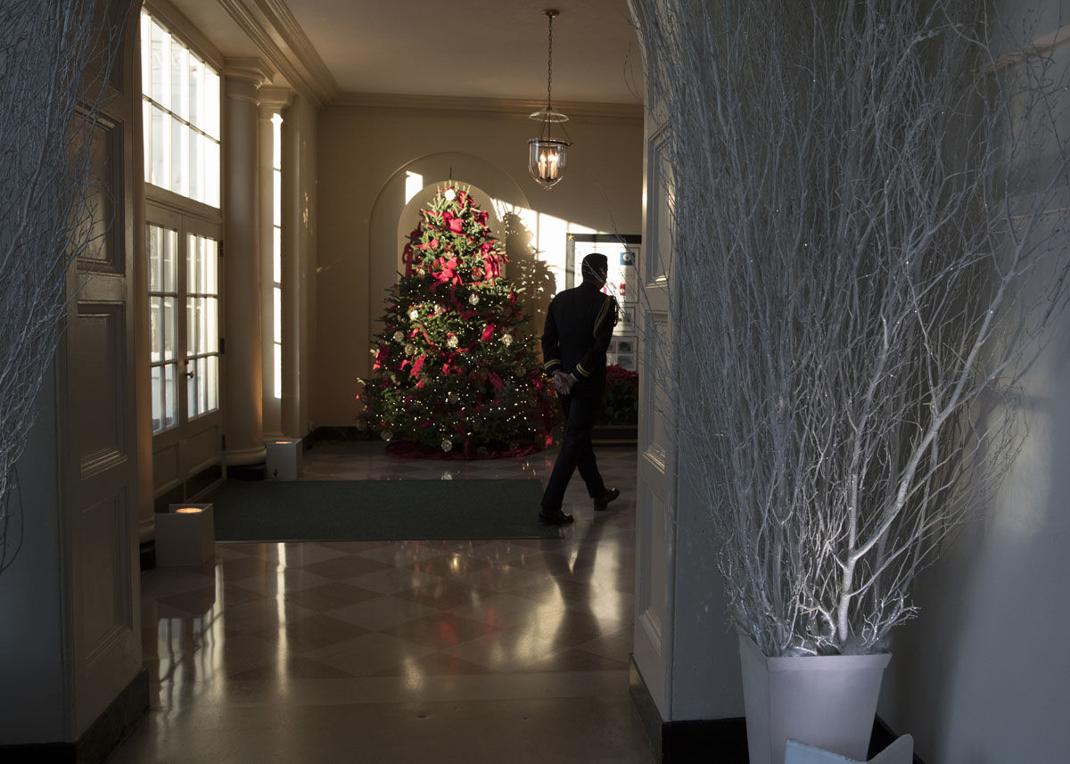 The Christmas tree is seen in the East Gardner room during a media preview of the 2017 holiday decorations at the White House in Washington, Monday, Nov. 27, 2017. (AP Photo/Carolyn Kaster)