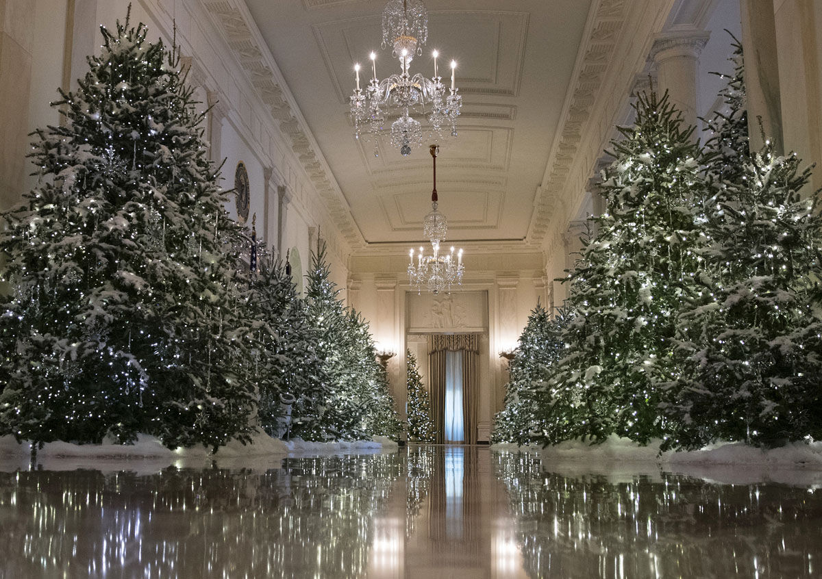 The Cross Hall are decorated with "The Nutcracker Suite" theme is seen during a media preview of the 2017 holiday decorations at the White House in Washington, Monday, Nov. 27, 2017. (AP Photo/Carolyn Kaster)