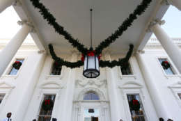 WASHINGTON, DC - NOVEMBER 27:  Christmas decorations are seen at the North Portico of the White House during a press preview of the 2017 holiday decorations November 27, 2017 in Washington, DC. The theme of the White House holiday decorations this year is "Time-Honored Traditions."  (Photo by Alex Wong/Getty Images)