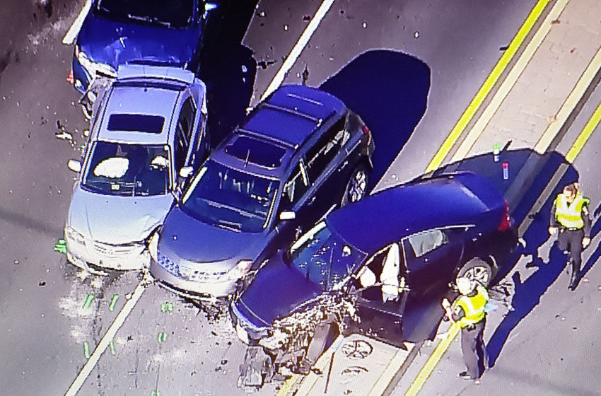 The fatal crash Wednesday morning on Connecticut Avenue involved five vehicles. One person died and five people were injured, police said. (Courtesy NBC Washington)