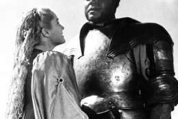 American actor Orson Welles is shown with French actress Suzanne Cloutier in a scene from the film version of Shakespeare's "Othello," which Welles is currently making at Safi, French Morocco, 1950.  He plays the title role, she plays Desdemona.  (AP Photo)