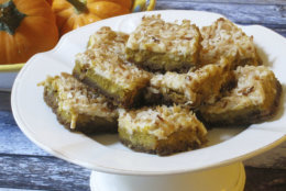 This Sept. 25, 2017 photo shows pumpkin coconut squares in New York. This dish is from a recipe by Sara Moulton. (Sara Moulton via AP)