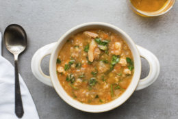 This Nov. 21, 2016 photo shows red lentil and chicken slow-cooker soup in New York. The soup is thick from the lentils, and fragrant with cumin and coriander. (Sarah E Crowder via AP)