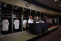 Washington Nationals new manager Dave Martinez, left, speaks alongside general manager Mike Rizzo during a baseball press conference, Thursday, Nov. 2, 2017, in Washington. (AP Photo/Nick Wass)