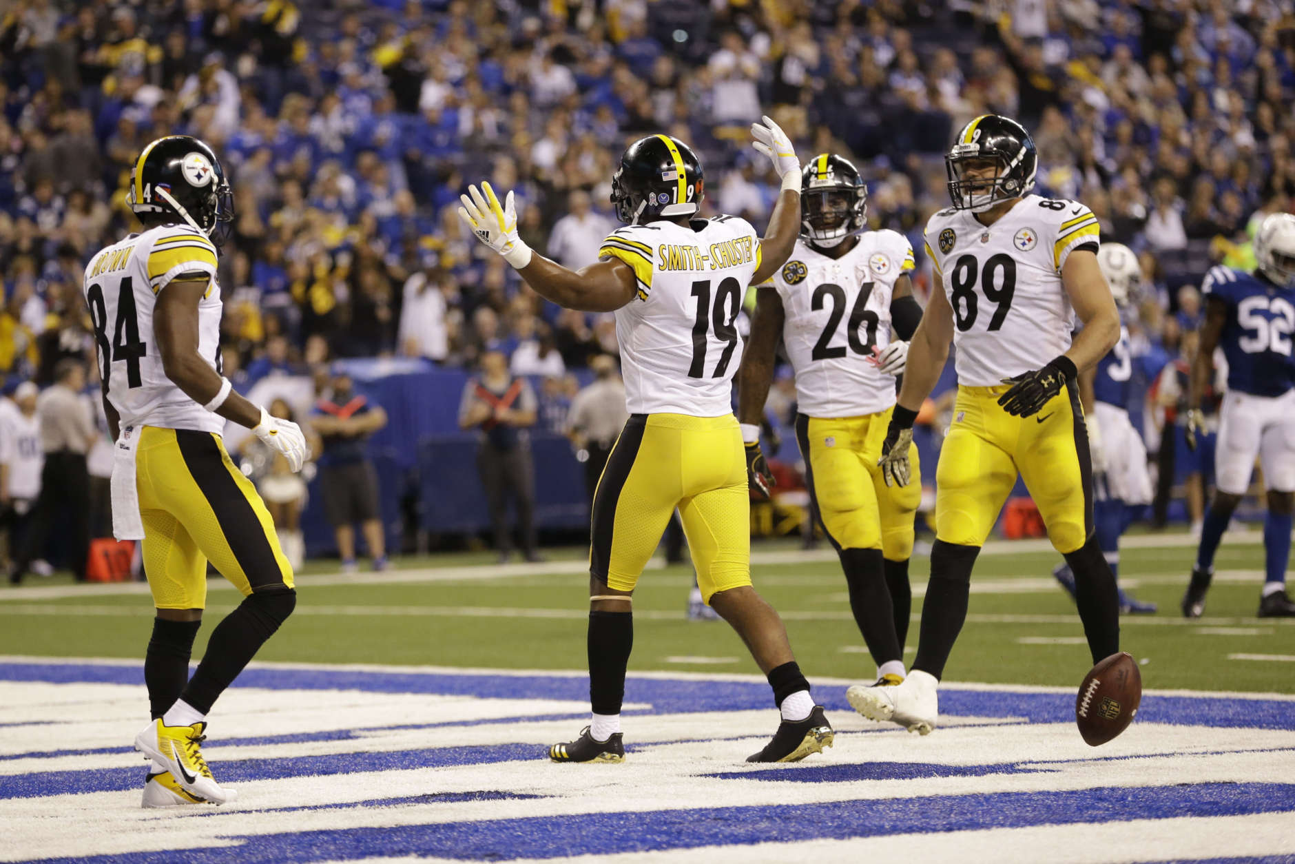Pittsburgh Steelers wide receiver JuJu Smith-Schuster (19) celebrates his touchdown against the Indianapolis Colts during the second half of an NFL football game in Indianapolis, Sunday, Nov. 12, 2017. (AP Photo/AJ Mast)