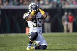 Los Angeles Chargers safety Tre Boston holds his hands over his face after dropping a would be interception against the Jacksonville Jaguars during the second half of an NFL football game, Sunday, Nov. 12, 2017, in Jacksonville, Fla. (AP Photo/Phelan M. Ebenhack)