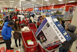 IMAGE DISTRIBUTED FOR TARGET - On Black Friday, Target offers its lowest prices of the season on items like TVs and electronics as shoppers shop on Thursday, Nov. 23, 2017, in Jersey City, N.J. (Adam Hunger/AP Images for Target)