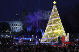 President Donald Trump and first lady Melania Trump stand after lighting the 2017 National Christmas Tree on the Ellipse near the White House, Thursday, Nov. 30, 2017, in Washington. (AP Photo/Andrew Harnik)