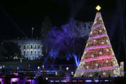 In this file photo, the 2017 National Christmas Tree is seen lit on the Ellipse with the White House in the background Thursday, Nov. 30, 2017, in Washington. (AP Photo/Andrew Harnik)