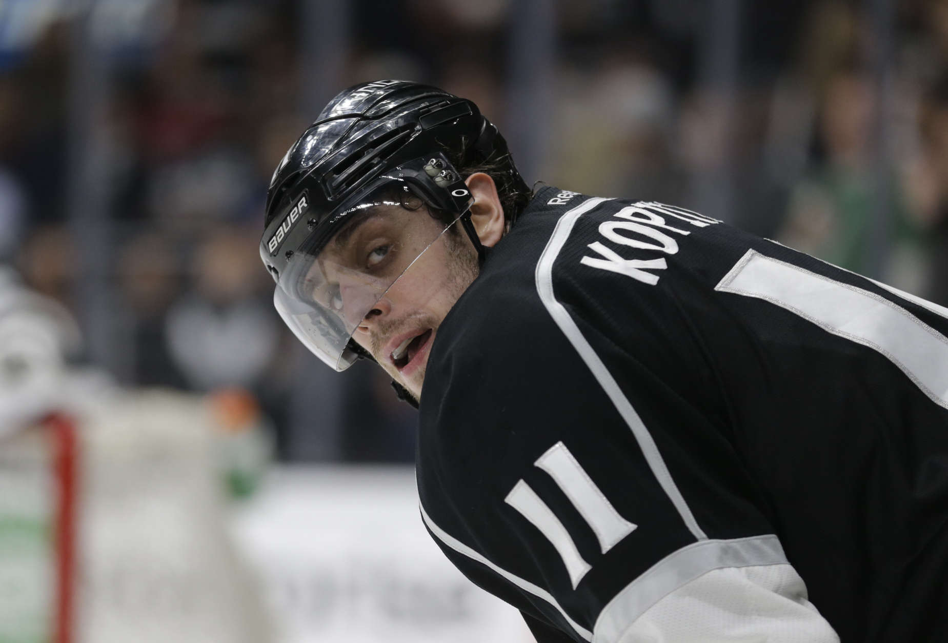Los Angeles Kings' Anze Kopitar, of Slovenia, looks on during the third period of an NHL hockey game against the Montreal Canadiens Thursday, March 3, 2016, in Los Angeles. The Kings won 3-2. (AP Photo/Jae C. Hong)