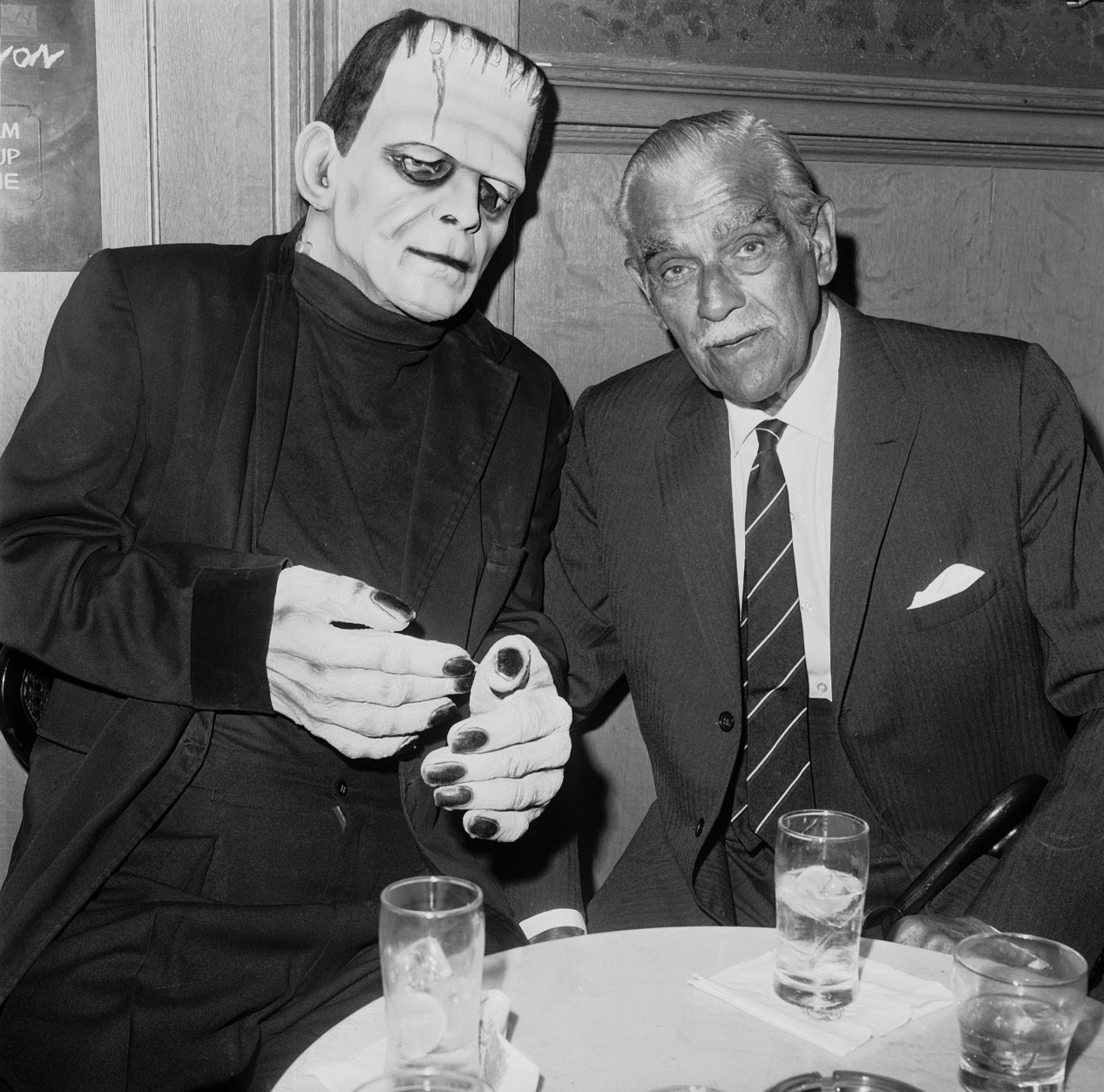 Actor Boris Karloff, right, gets a look at what he looked like in movies not too many years ago, at a party in Karloff's honor at the Magic Castle in Hollywood, an old mansion where magicians meet, April 18, 1967.  Manuel Welton is inside the Frankenstein costume.  (AP Photo/Harold P. Matosian)