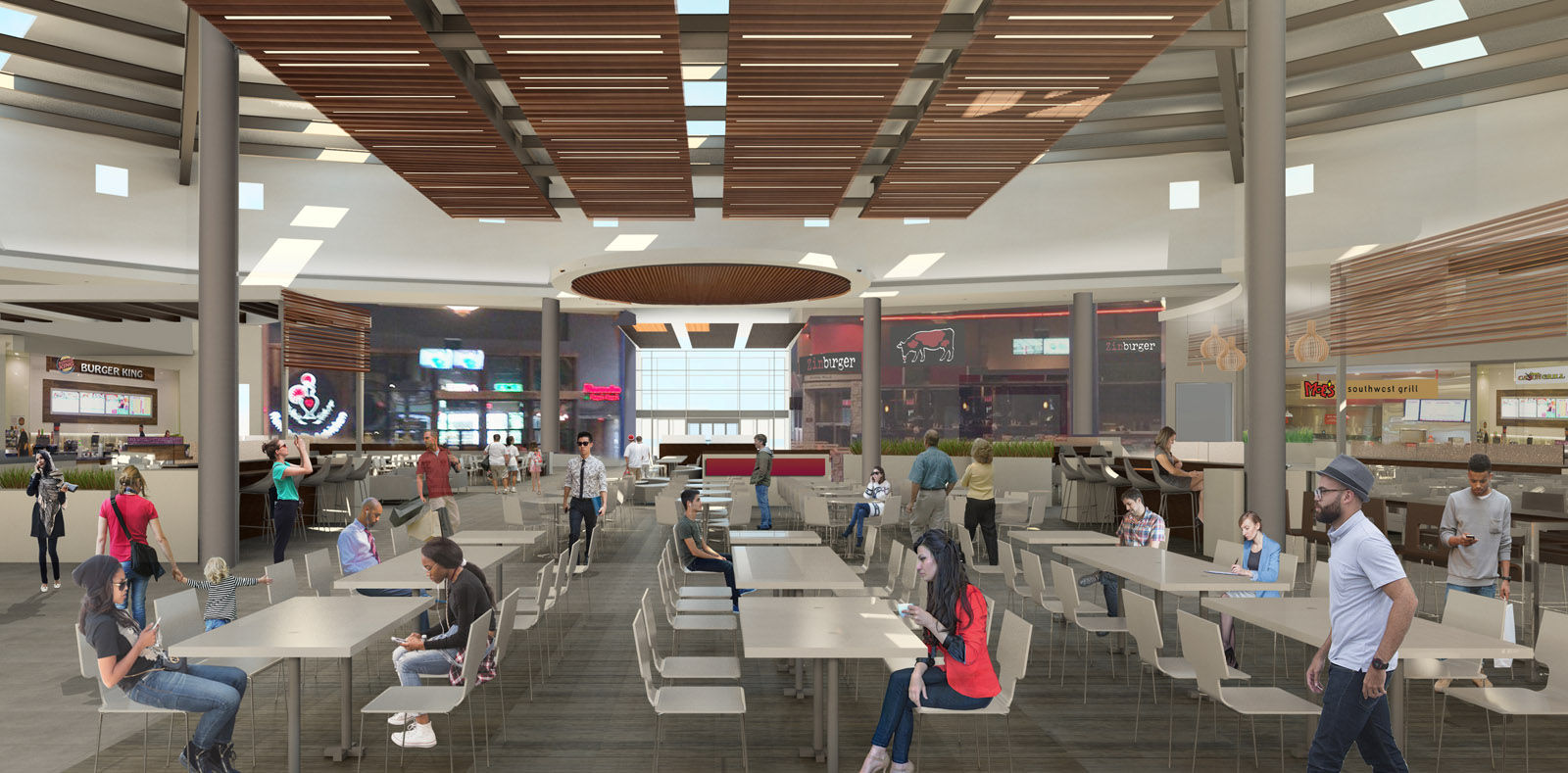 This artists rendering shows the redesigned food court at Arundel Mills. Renamed the dining pavilion, the space features a new layout, elevated banquet tables with charging stations plus conversation seating areas. New options include The Crepe Escape &amp; Creamery, Green Leafs &amp; Bananas, Suki Hana Wokaholic, Charleys Philly Steaks and Maryland’s first Zinburger Wine &amp; Burger Bar. (Courtesy Arundel Mills)