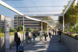 This artists rendering shows a proposed pedestrian bridge that would link Reagan National Airport to Crystal City. (Courtesy Crystal City Business Improvement District )