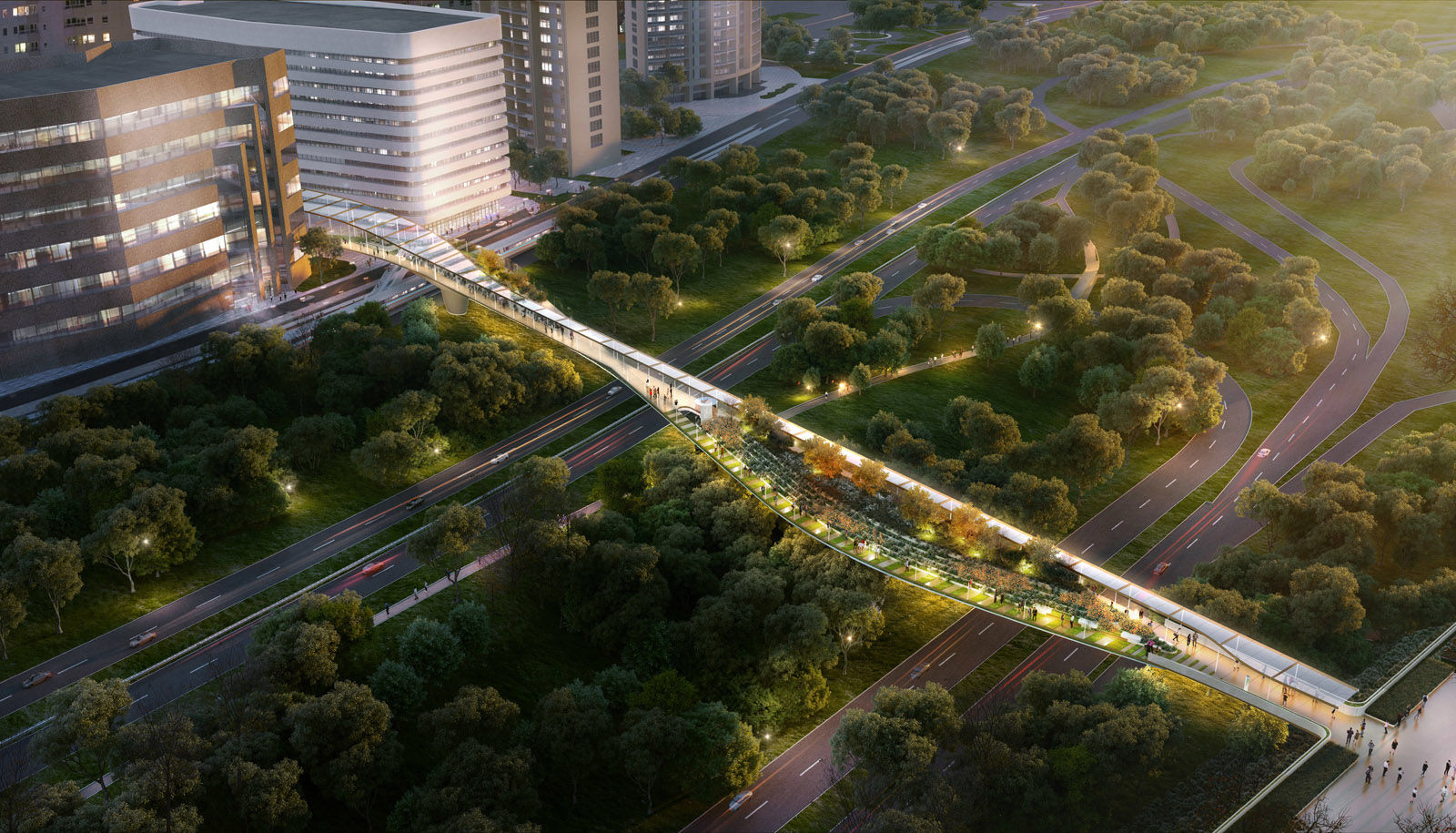 This artists rendering shows a pedestrian bridge above the George Washington Memorial Parkway. The bridge would connect Crystal City with Reagan National Airport. (Courtesy Crystal City Business Improvement District )