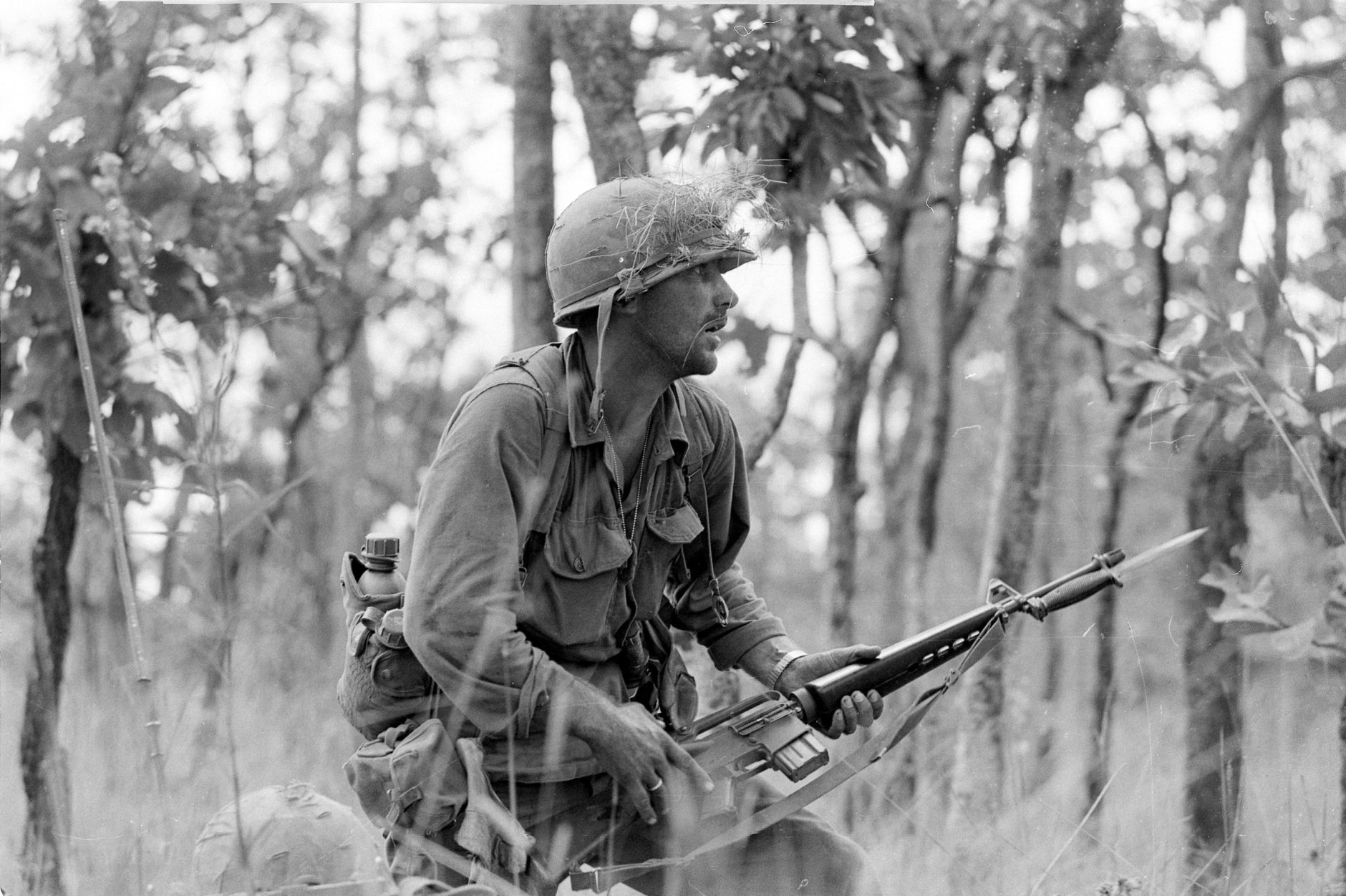 2nd Lt. R. C. &quot;Rick&quot; Rescorla moves carefully with fixed bayonet through the underbrush in an attack of North Vietnamese sniper pockets outside the American perimeter in the Ia Drang Valley on Nov. 16, 1965 during the Vietnam War.  The soldier is a member of one of the hardest hit companies of the 1st Cavalry Division units.  (AP Photo/Peter Arnett)