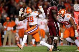 COLUMBIA, SC - NOVEMBER 25:  Clelin Ferrell #99 of the Clemson Tigers reacts after a play against the South Carolina Gamecocks during their game at Williams-Brice Stadium on November 25, 2017 in Columbia, South Carolina.  (Photo by Streeter Lecka/Getty Images)