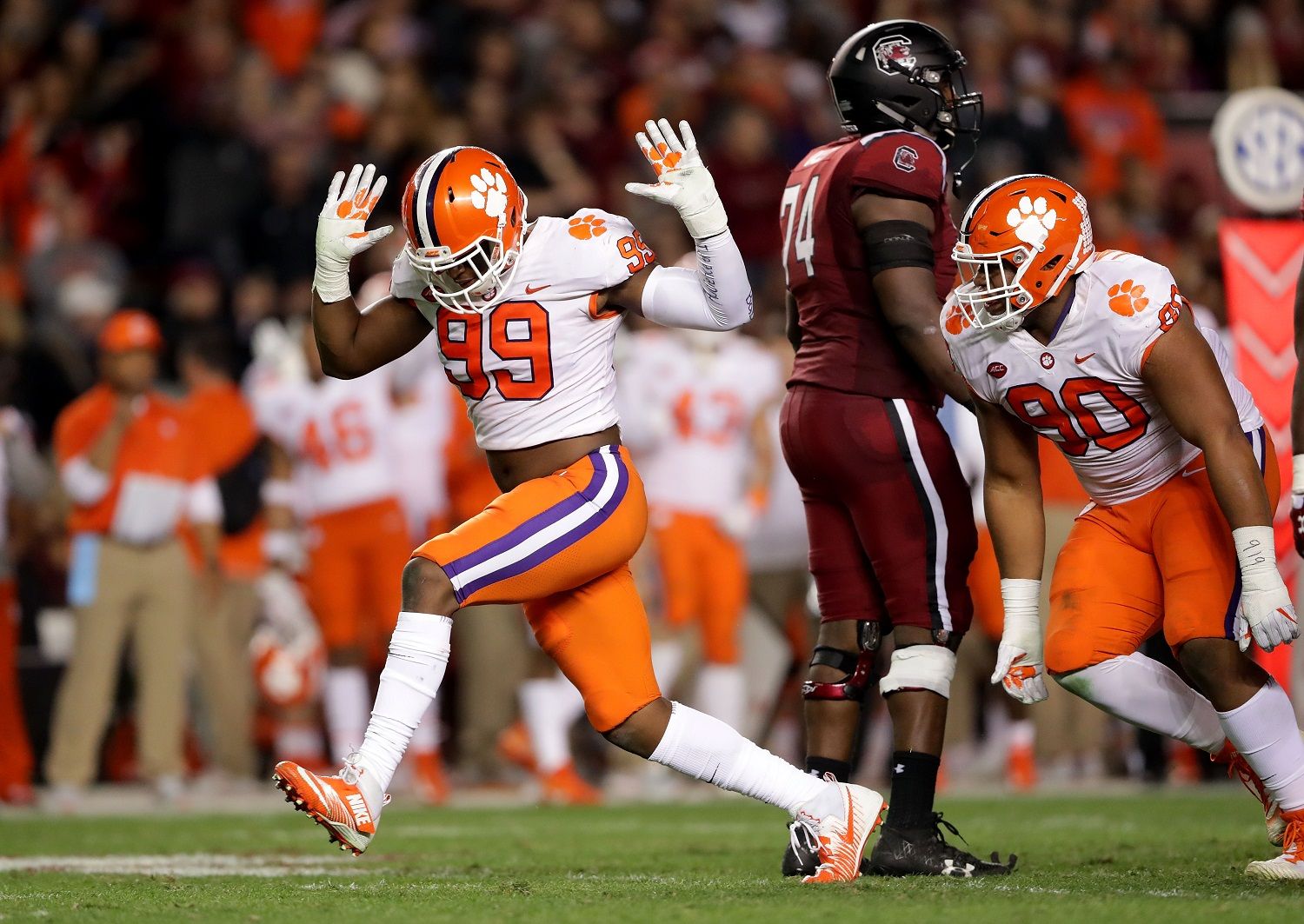 COLUMBIA, SC - NOVEMBER 25:  Clelin Ferrell #99 of the Clemson Tigers reacts after a play against the South Carolina Gamecocks during their game at Williams-Brice Stadium on November 25, 2017 in Columbia, South Carolina.  (Photo by Streeter Lecka/Getty Images)