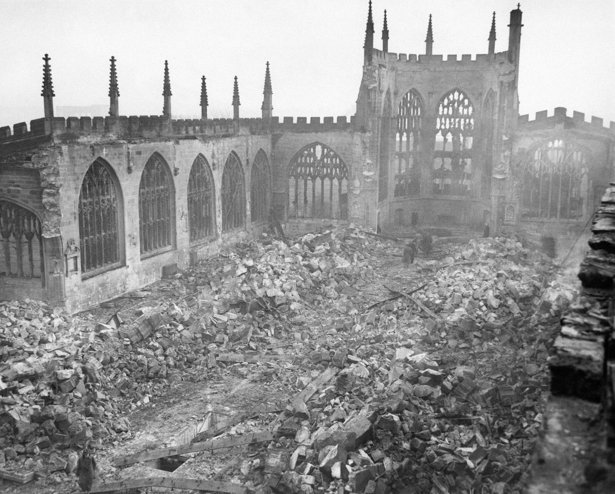 All that now remains of the beautiful cathedral, following the large-scale Nazi raid on the midland city in Coventry, England, Dec. 9, 1940. Just the walls remain of the body of the nearly 500 years old building. (AP Photo)