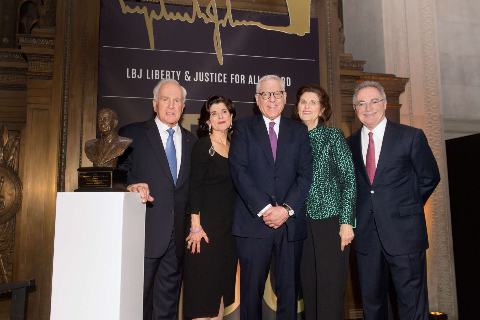 Ambassador Lloyd Hand, Luci Baines Johnson, David Rubenstein, Lynda Johnson Robb and Cappy McGarr at the LBJ Liberty & Justice for All Award ceremony at the National Archives Museum Wednesday. (Courtesy Daniel Swartz)