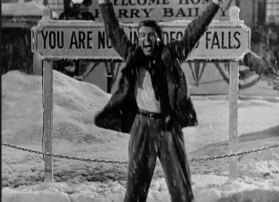 Jimmy Stewart cheers as George Bailey in the inspirational finale of "It's a Wonderful Life." (Liberty Films via YouTube)
