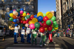 Participants take their place along the parade route before the Macy's Thanksgiving Day Parade begins in New York, Thursday, Nov. 23, 2017. (AP Photo/Craig Ruttle)