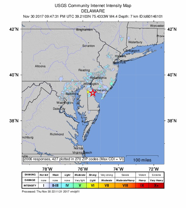 This map shows how far the earthquake could be felt. It reached to the D.C. suburbs and Philadelphia. (Courtesy U.S. Geological Survey)