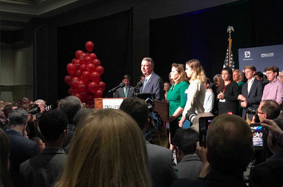 Ed Gillespie addresses his suporters, as he concedes the Virginia governor's race to Ralph Northam, Nov. 7, 2017. (WTOP/Michelle Basch)