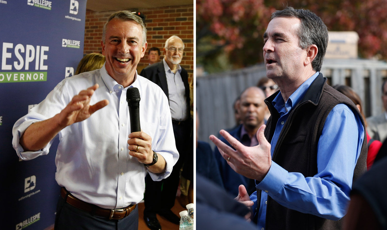 Republican Ed Gillespie, left, and Democrat Ralph Northam, right, rally supporters at get out the vote events before the Nov. 7 election. (The Associated Press)