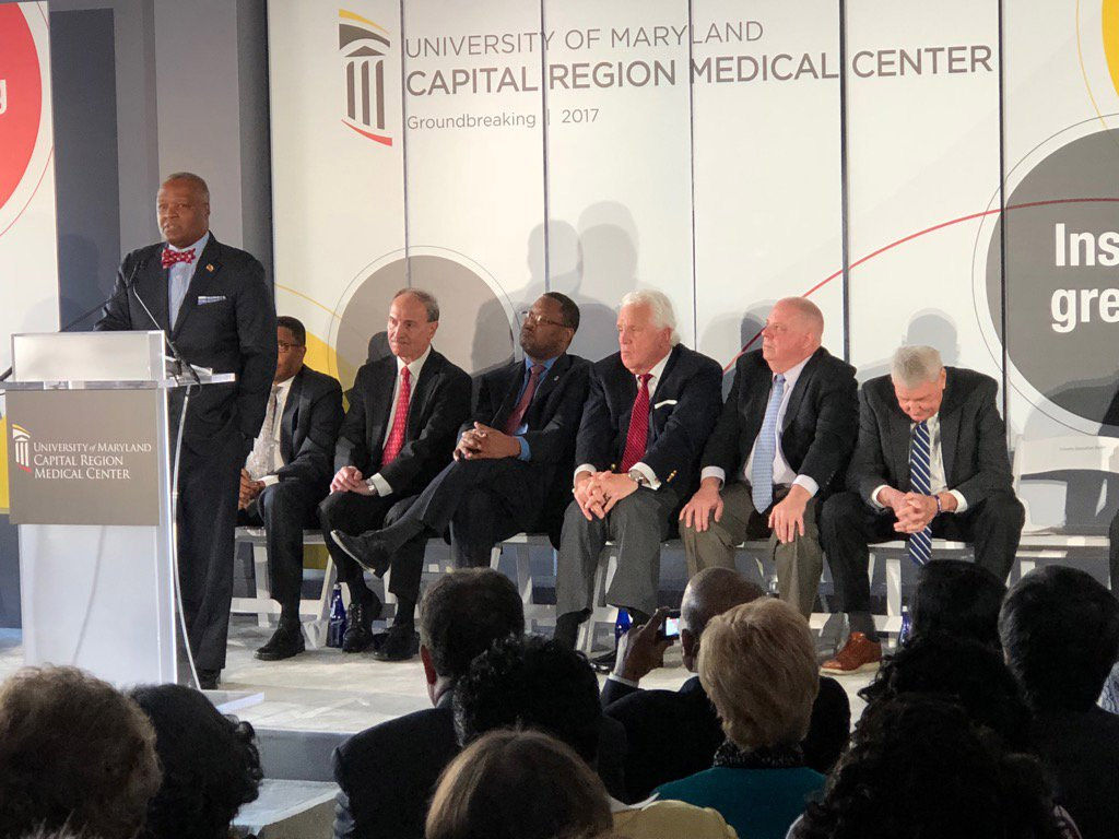Prince George's County Executive Rushern Baker speaks at the groundbreaking for a $543 million new hospital in Largo on Thursday, Nov. 30, 2017. University of Maryland Capital Region Medical Center on Arena Drive will include a 600,000-square-foot facility with an 11-story main patient care building, 205 private inpatient rooms and eight operating rooms. (WTOP/Kate Ryan)