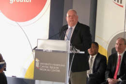 Maryland Gov. Larry Hogan speaks at the groundbreaking for a $543 million new hospital in Largo on Thursday, Nov. 30, 2017. Plans call for two rooftop helipads, a 20-bed short-stay treatment area, a 45-bay emergency department and a 15-bed specialty pediatric department at the University of Maryland Capital Region Medical Center.  (WTOP/Kate Ryan)
