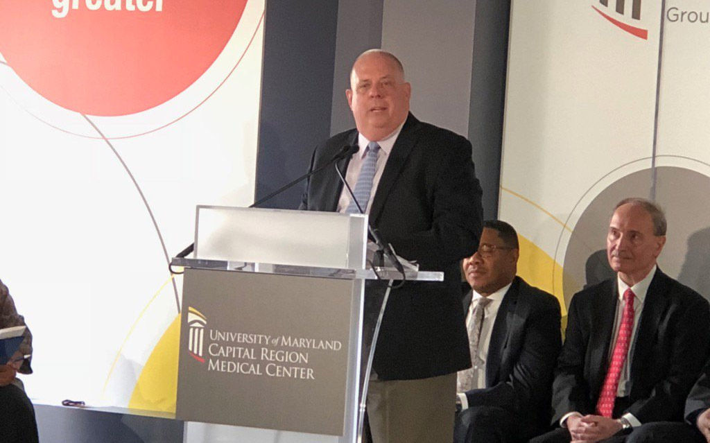 Maryland Gov. Larry Hogan speaks at the groundbreaking for a $543 million new hospital in Largo on Thursday, Nov. 30, 2017. Plans call for two rooftop helipads, a 20-bed short-stay treatment area, a 45-bay emergency department and a 15-bed specialty pediatric department at the University of Maryland Capital Region Medical Center.  (WTOP/Kate Ryan)