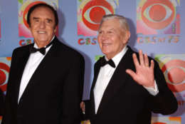 Actors Jim Nabors, left, and Andy Griffith arrive to CBS's 75th anniversary celebration Sunday, Nov. 2, 2003, in New York.  (AP Photo/Louis Lanzano)