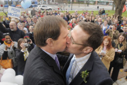 Michael Miller, left, and Ross Zachs, both of Hartford, share a kiss after being married in West Hartford, Conn., on Wednesday, Nov. 12, 2008. Miller and Zachs married on the day that a New Haven Superior Court Judge ruled that same sex marriages were legal in Connecticut.  (AP Photo/Fred Beckham)