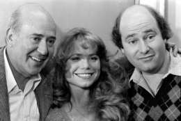 Director Carl Reiner, left, poses with cast members of the play "The Roast," which includes actress Crissy Wilzak and Reiner's son Rob Reiner, right, on April 2, 1980, in Boston. The play is scheduled to open at Boston's Shubert Theater.  (AP Photo/Morgan)
