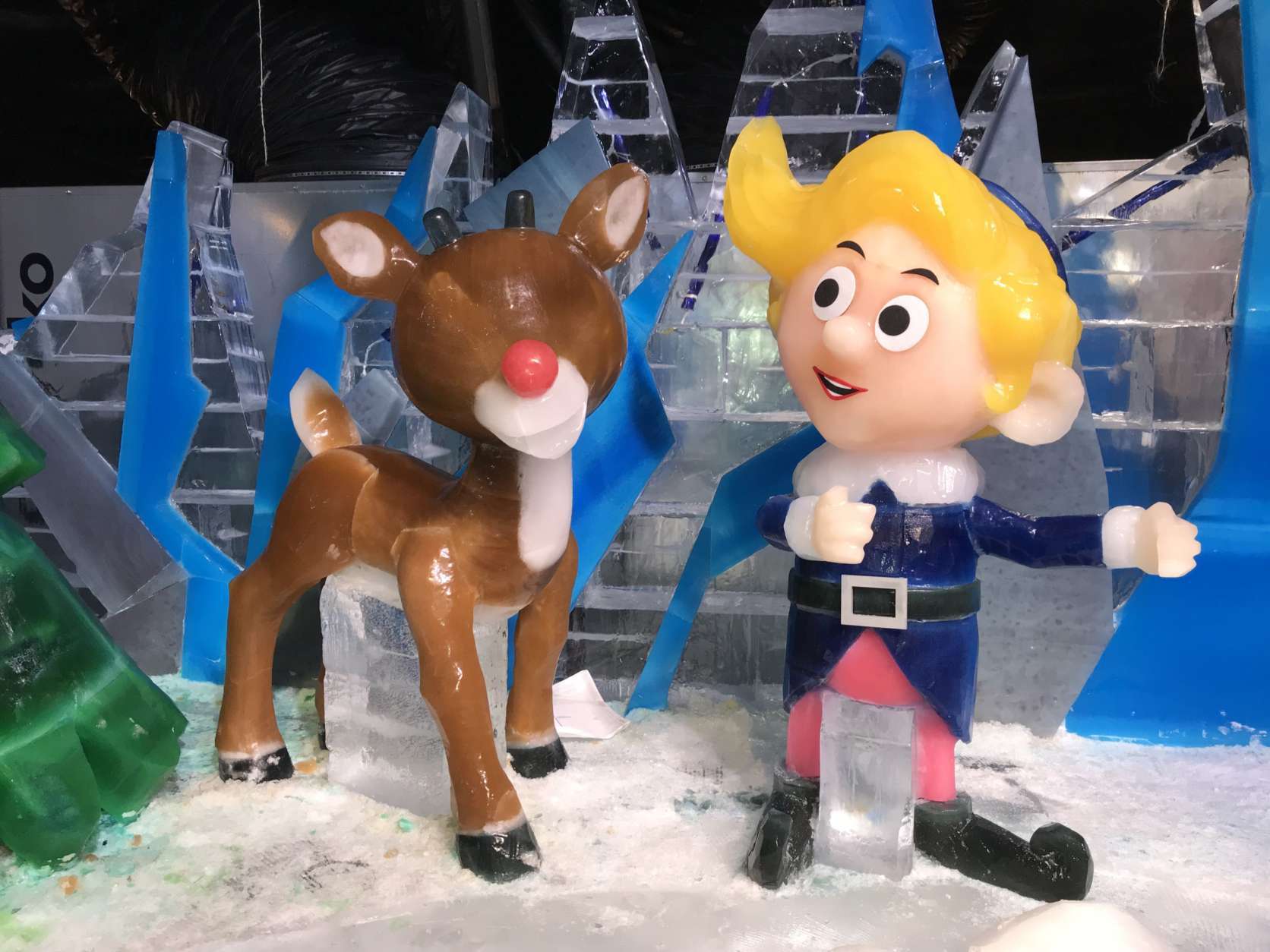 The display shows Rudolph with Hermey the Elf. Rudolph's eyes have not yet been added. (WTOP/Michelle Basch)