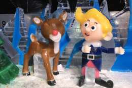 The display shows Rudolph with Hermey the Elf. Rudolph's eyes have not yet been added. (WTOP/Michelle Basch)
