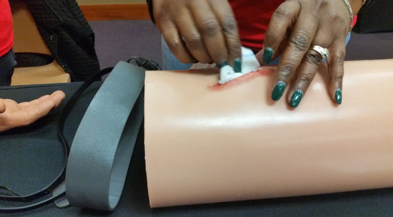 A national campaign is teaching emergency first-aid skills for free. (WTOP/Kathy Stewart)