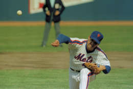 New York Mets pitcher Tom Seaver is shown in action against the Philadelphia Phillies at Shea Stadium in Queens, April 5, 1983, New York. It was the season opener. The Mets won 2-0. (AP Photo/Richard Drew)