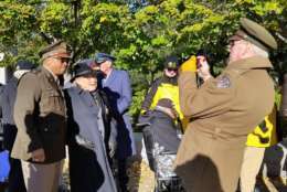 WW II veteran Ewing Miller was a B-24 bomber pilot assigned to the Flying Horseman. He flew over 20 missions in February 1945. His plane was downed. He was the sole survivor and was captured. He participates in WWll ceremonies as a way to honor lost crew members. (WTOP/Kathy Stewart) 