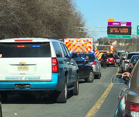 Traffic backed up on Interstate 95 in Stafford County, Virginia, after authorities say the driver of an SUV opened fire on police and then crashed. (Courtesy Howard Bylund)
