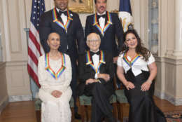 Front row from left, 2017 Kennedy Center Honorees Carmen de Lavallade, Norman Lear, Gloria Estefan, back row from left, LL Cool J, and Lionel Richie are photographed following the State Department dinner for the Kennedy Center Honors, Saturday, Dec. 2, 2017, in Washington. (AP Photo/Kevin Wolf)