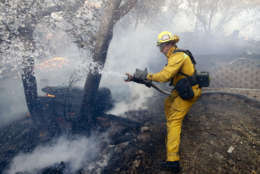 A Los Angeles County firefighter battles a wildfire in the Lake View Terrace area of Los Angeles, Tuesday, Dec. 5, 2017. Ferocious winds in Southern California have whipped up explosive wildfires, burning a psychiatric hospital and scores of other structures. (AP Photo/Chris Carlson)