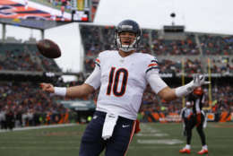 Chicago Bears quarterback Mitchell Trubisky celebrates after running in a touchdown in the second half of an NFL football game against the Cincinnati Bengals, Sunday, Dec. 10, 2017, in Cincinnati. (AP Photo/Frank Victores)