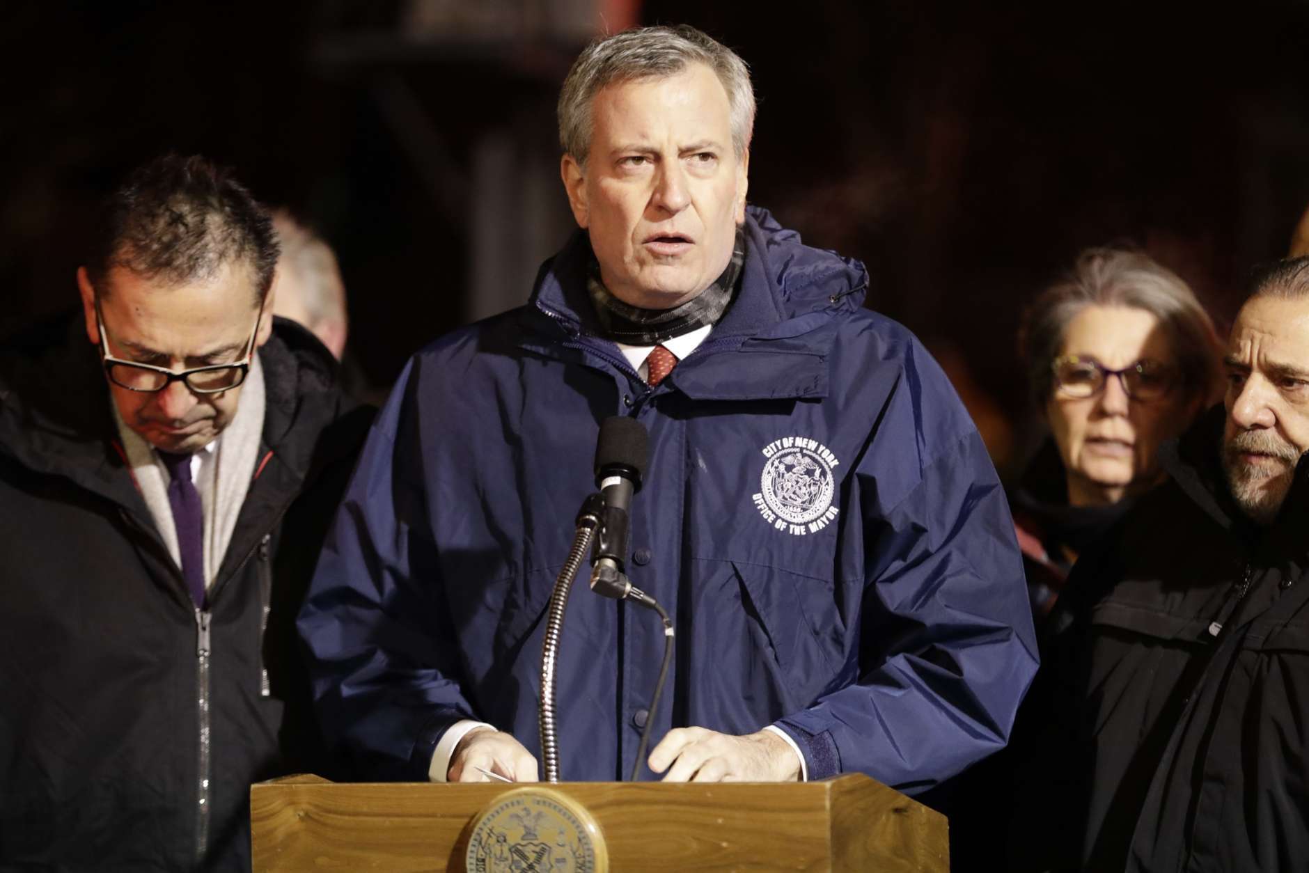 New York City Mayor Bill de Blasio speaks during a news conference after fire crews responded to a building fire Thursday, Dec. 28, 2017, in the Bronx borough of New York. (AP Photo/Frank Franklin II)