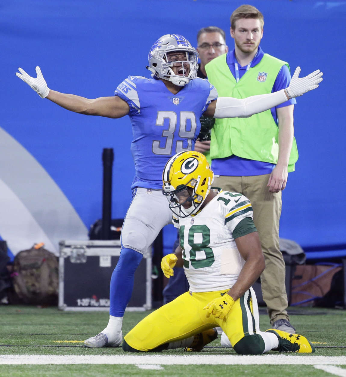 Detroit Lions cornerback Jamal Agnew (39) reacts after breaking up a pass intended for Green Bay Packers wide receiver Randall Cobb (18) during the second half of an NFL football game, Sunday, Dec. 31, 2017, in Detroit. (AP Photo/Duane Burleson)