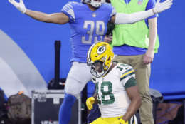 Detroit Lions cornerback Jamal Agnew (39) reacts after breaking up a pass intended for Green Bay Packers wide receiver Randall Cobb (18) during the second half of an NFL football game, Sunday, Dec. 31, 2017, in Detroit. (AP Photo/Duane Burleson)