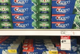 Procter &amp; Gamble's Crest toothpaste fills the shelves of a grocery store on Thursday, June 14, 2018, in Aventura, Fla. (AP Photo/Brynn Anderson)