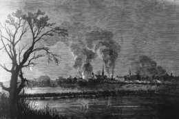 Union army, under General Ambrose Everett Burnside, crosses the Rappahannock River on pontoon bridges during the attack on Fredericksburg, Virginia depicted in this undated rendering by combat artist Frank Schell. (AP Photo)