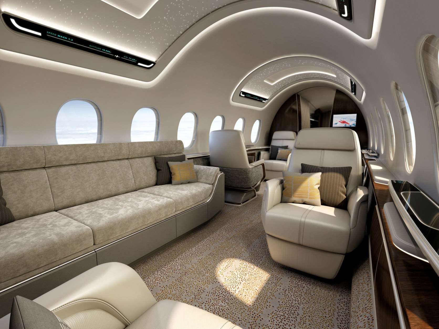 AS2 interior carries 12 in large-business-jet comfort up to 5,400 nautical miles (6,215 statute miles/10,000 km). Max. cruise speed is Mach 1.4, about 55 percent faster than todays fastest commercial jets, at a speed greater than 1,000 mph/1,600 kph. The AS2 saves as much as three hours across the Atlantic and more than five hours across the Pacific. Aerion is working with Lockheed Martin and GE Aviation to develop the AS2. (PRNewsfoto/Lockheed Martin Aeronautics Com)
